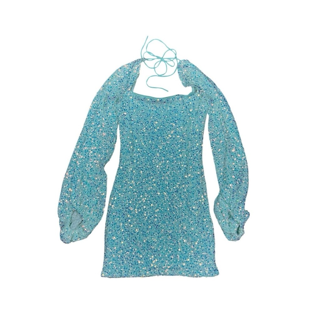 LUCY IN THE SKY Blue/Aqua Sequin Puff Long Sleeve Mini Dress Size L